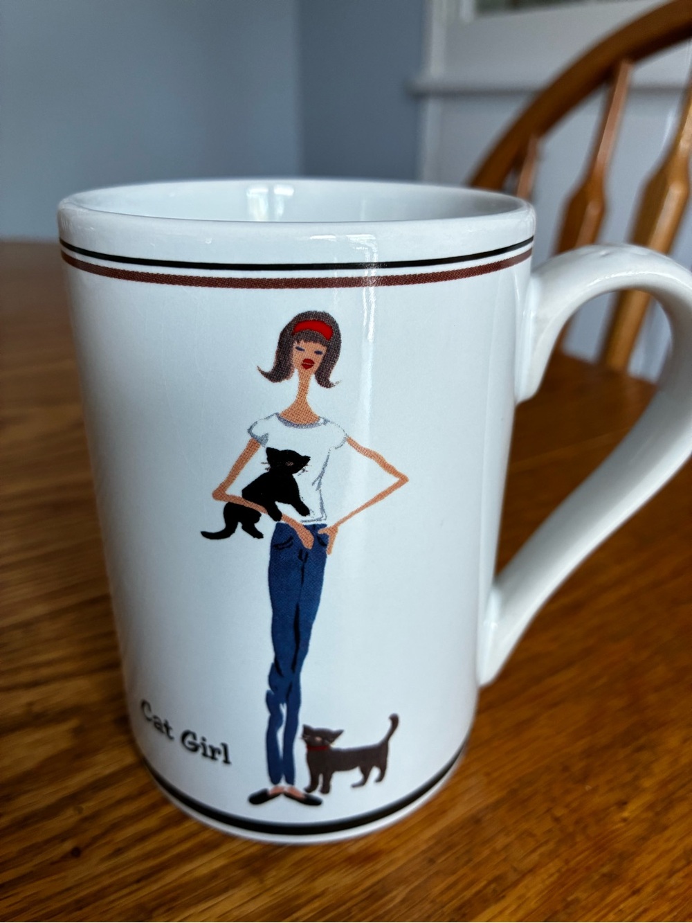 Cute Cat Girl White Ceramic Mug w/ Black Cats 16 ounces